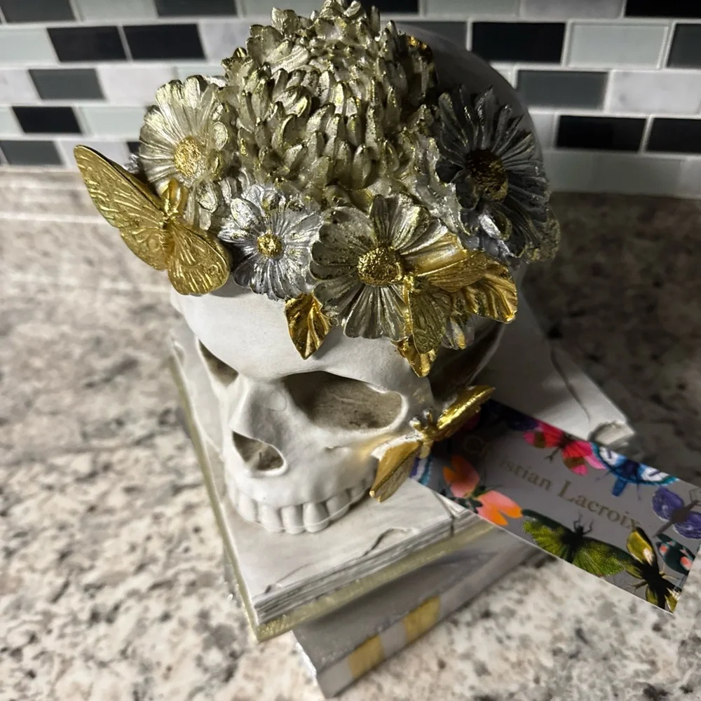 Christian Lacroix Skull on Stacked Books Creepy Halloween Skeleton Butterflies